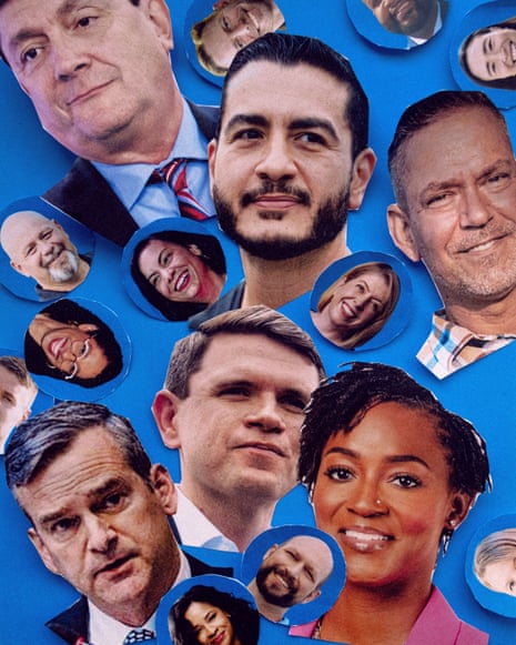 Collage of political candidates on a blue background