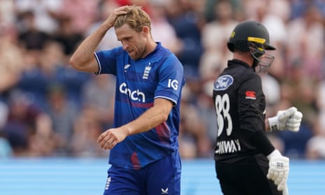 England's David Willey reacts during the first one day international match against New Zealand.
