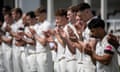 Brett D'Oliveira of Worcestershire (right) during a minute’s applause for Josh Baker while wearing his No 33 under the club’s crest at Canterbury.