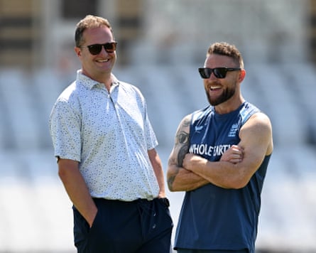 The England director of cricket, Rob Key, and head coach, Brendon McCullum, share a smile during a net session at Trent Bridge.