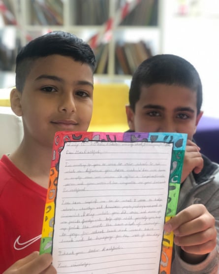Two Anderton Park pupils with their letter for Marcus Rashford.
