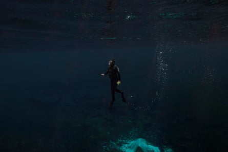 A diver in dark water