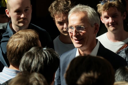 The finance minister, Jens Stoltenberg, meets students after giving a speech at BI Norwegian Business School in Oslo