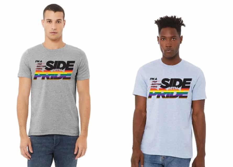 two men wearing t-shirts that say “i’m a” and then, crossed out, the words “top”, “bottom” and “verse”. After that, they say “side with pride”
