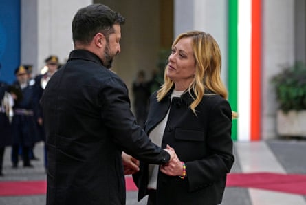 Ukrainian President Volodymyr Zelensky and Giorgia Meloni at Palazzo Chigi in Rome