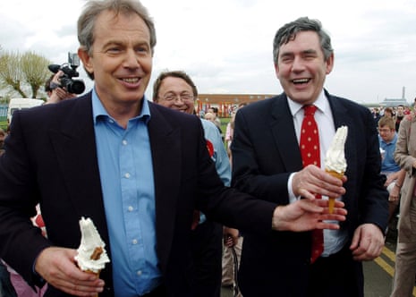 Tony Blair giving Gordon Brown an ice cream on a visit to Gillingham on 2 May 2005.