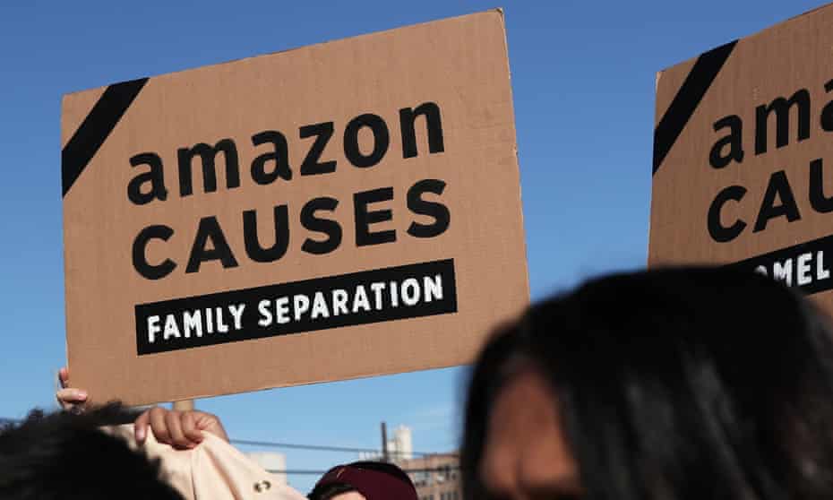 Protesters demonstrated outside of the Amazon Web Services summit on Thursday.