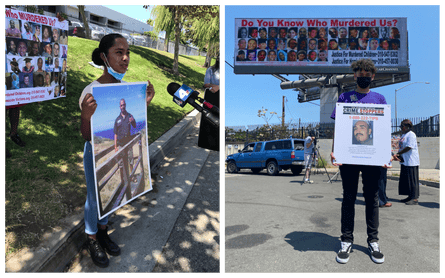 A pair of photos shows Nathalia Jackson, left, and Anthony Bejar holding signs of their slain fathers at outdoor demonstrations.