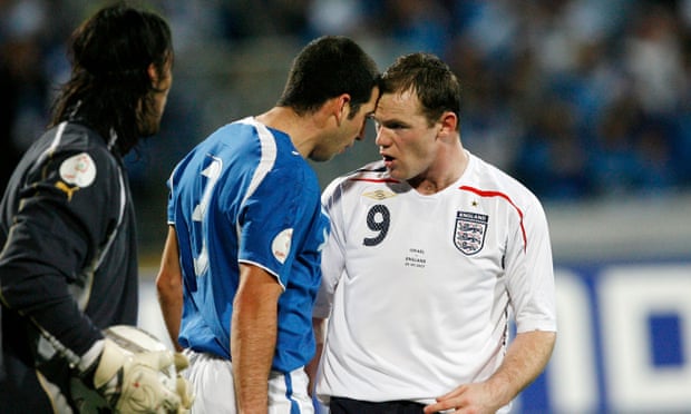 Wayne Rooney argues with Tal Ben Haim during England’s Euro 2008 qualifier in Israel