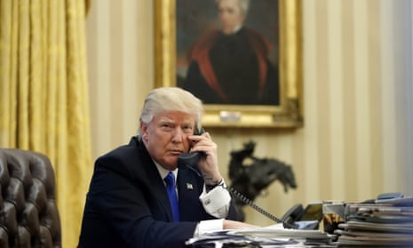President Donald Trump speaks on the telephone with Australian Prime Minister Malcolm Turnbull in the Oval Office of the White House