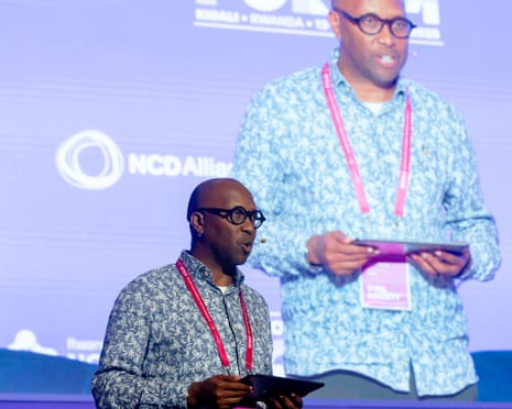 Dr Githinji Gitahi, group CEO of Amref Health Africa, on stage speaking at the Global NCD Alliance Forum in Kigail, Rwanda in February 2025.