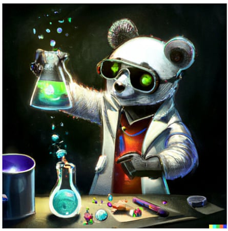 “panda mad scientist mixing sparkling chemicals, artstation”, generated by DALL•E 2