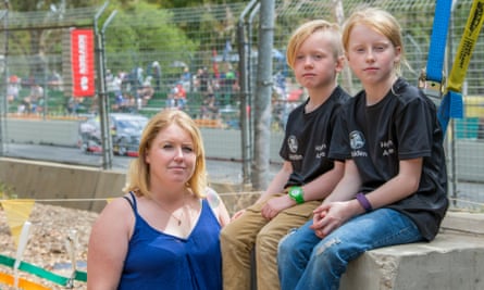 Tegan Gromball and her children Dylan, 8, and Terleah, 10, trackside at the Adelaide 500
