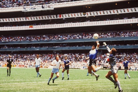 Diego Maradona leaps above Peter Shilton to score for Argentina in 1986.