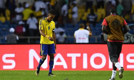 Pierre-Emerick Aubameyang leaves the field after Gabon’s exit from the tournament was confirmed.