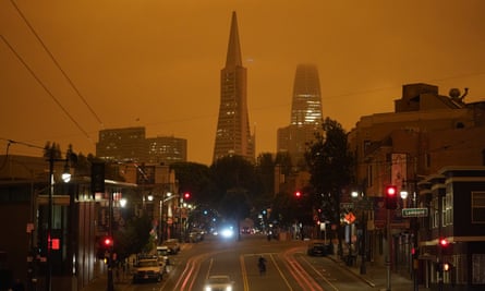 San Francisco’s Transamerica Pyramid and Salesforce Tower seen amid daytime smoke from wildfires on Wednesday.
