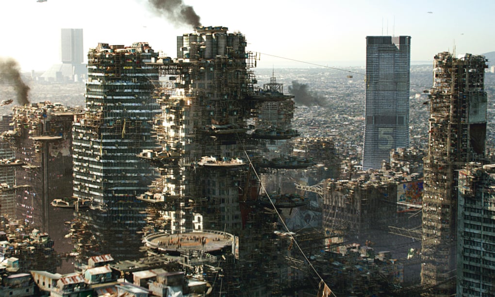 Los Angeles 2154, where downtown skyscrapers have become vertical shanty towns, from the movie Elysium (2013).