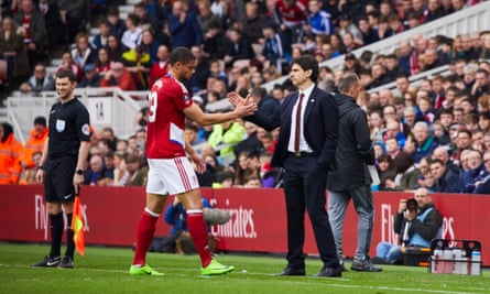 Boro’s Rudy Gestede leaves the field after picking up an injury.