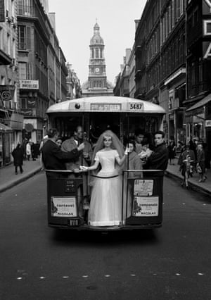 1961, Paris, France, for British Vogue, wedding gown on bus
