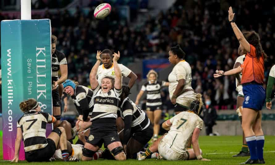 The Barbarians’ Ciara Griffin celebrates a try during the Women’s International against a Springbok Women’s XV