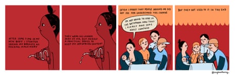 A strip cartoon of a woman with mechanical breasts breastfeeding at a table with friends