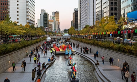 The Cheonggyecheon river in Seoul, South Korea, was restored following the demolition of a multi-lane expressway.