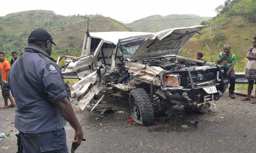 The vehicle carrying PNG’s deputy PM Sam Basil, which crashed with another on Wednesday along the Bulolo-Lae road in Morobe province.