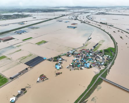 An aerial view of a village flooded by torrential rains in Yesan, in the west of the country.