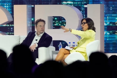 Elon Musk and Linda Yaccarino at a marketing conference on 18 April 2023 in Miami Beach, Florida, a month before Musk announced Yaccarino would take over as Twitter’s CEO.