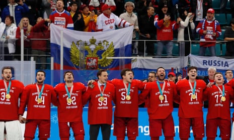 The OAR team receiving their gold medal - only the second victory of the Games for the athletes from Russia