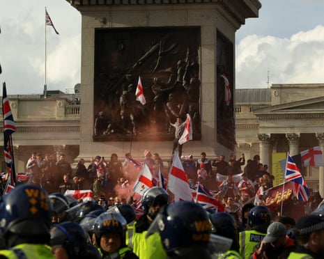 Marchers gather in Trafalgar Square on the day of an anti-immigration rally organised by British far-right activist Stephen Yaxley-Lennon, also known as Tommy Robinson.