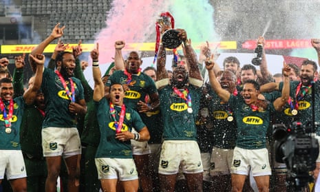 Siya Kolisi lifts the trophy after South Africa’s narrow third-Test win completed a 2-1 series triumph.