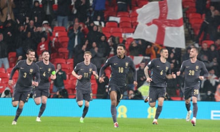 Jude Bellingham celebrates his late equaliser in England’s friendly draw with Belgium.