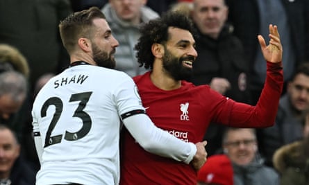 Raging captain Bruno Fernandes’s standout shocker in United nightmare | Manchester United 1 Luke Shaw tries to contain Mohamed Salah.