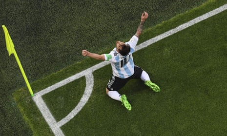 Lionel Messi celebrates his opening goal. The captain said victory was ‘a huge release’ for everyone in the Argentina camp.