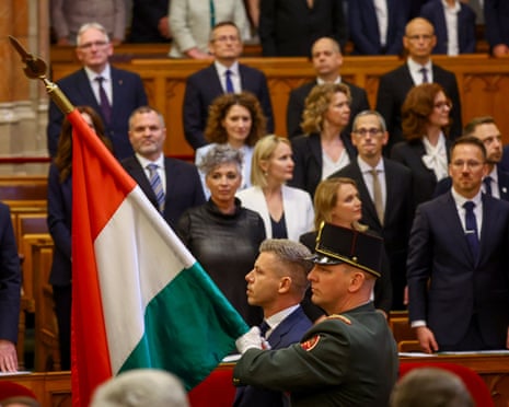 Hungary’s new PM Péter Magyar looks on during his swearing-in ceremony at the parliament in Budapest, Hungary.