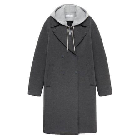 Grey long coat with built-in grey hoodie hood