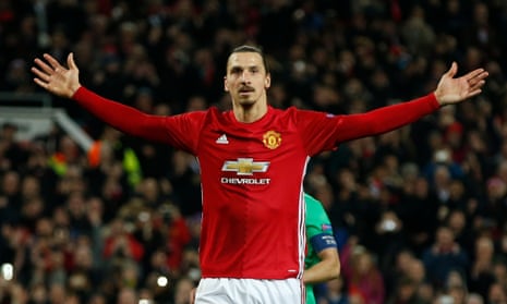 Manchester United’s Zlatan Ibrahimovic celebrates scoring their third goal to complete his hat-trick against St Étienne.