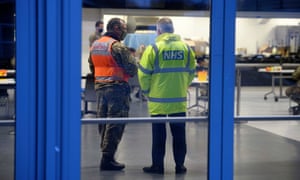 An RAF liaison officer with a representative of the NHS at Ashton Gate stadium
