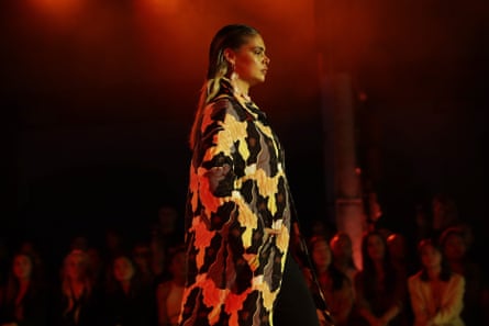 Samantha Harris walks the runway in the designs by Denni Francisco during the Indigenous Fashion Projects show during Australian Fashion Week 2022 Resort ‘23 Collection.