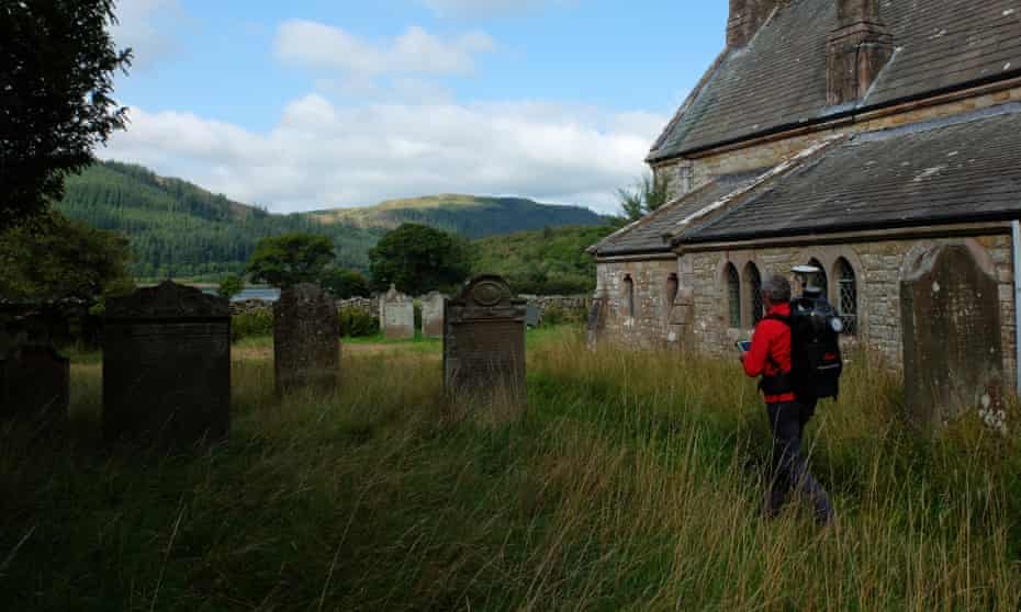 Tim Viney of Atlantic Geomatics surveys St Bega’s church near Bassenthwaite Lake.