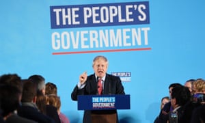 Prime minister Boris Johnson at a rally with party supporters in Westminster after the Conservative Party was returned to power.