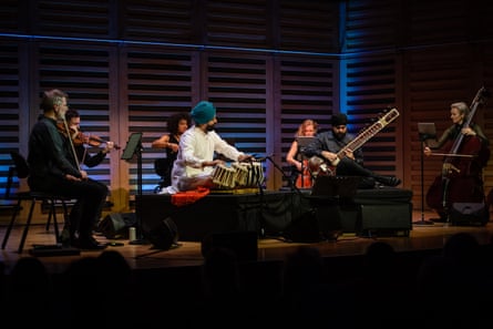 Scottish Ensemble with Harkiret Singh Bahra, centre, on tabla and Jasdeep Singh Degun on sitar at Kings Place.
