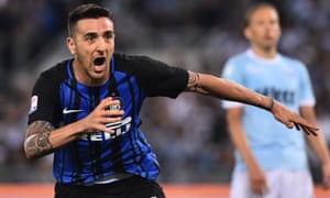 Matías Vecino celebrates after scoring the late goal against Lazio on Serie A’s final day which took Internazionale into the Champions League.