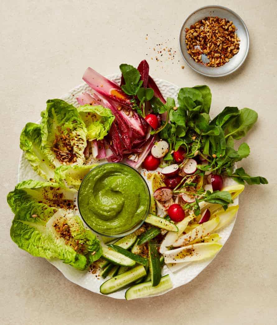 Yotam Ottolenghi’s coconut and tahini green goddess with sunflower seed dukkah.