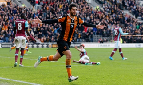 Andrea Ranocchia celebrates scoring Hull City’s late winner in the 2-1 victory against West Ham.