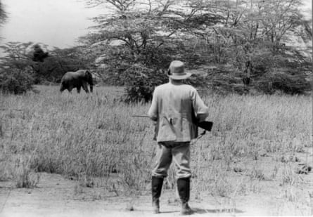 B&W picture shows Ernest Hemingway from behind as he stalks an elephant while on a big game hunt in September 1952 in Kenya.