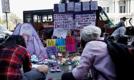People gather in memory of seven-year-old Fátima Aldrighetti Antón at an anti-femicide monument in Mexico City, Mexico, on 19 February.
