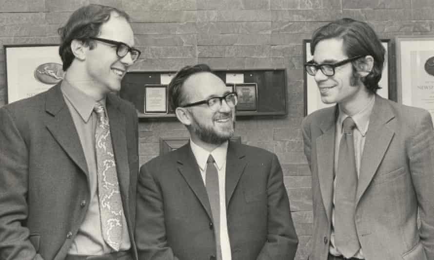 Harry Jackson, centre, with Simon Winchester, left, and Simon Hoggart.