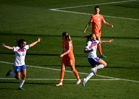 England’s Georgia Stanway celebrates scoring their second goal with Ella Toone in a resounding performance against the Netherlands.